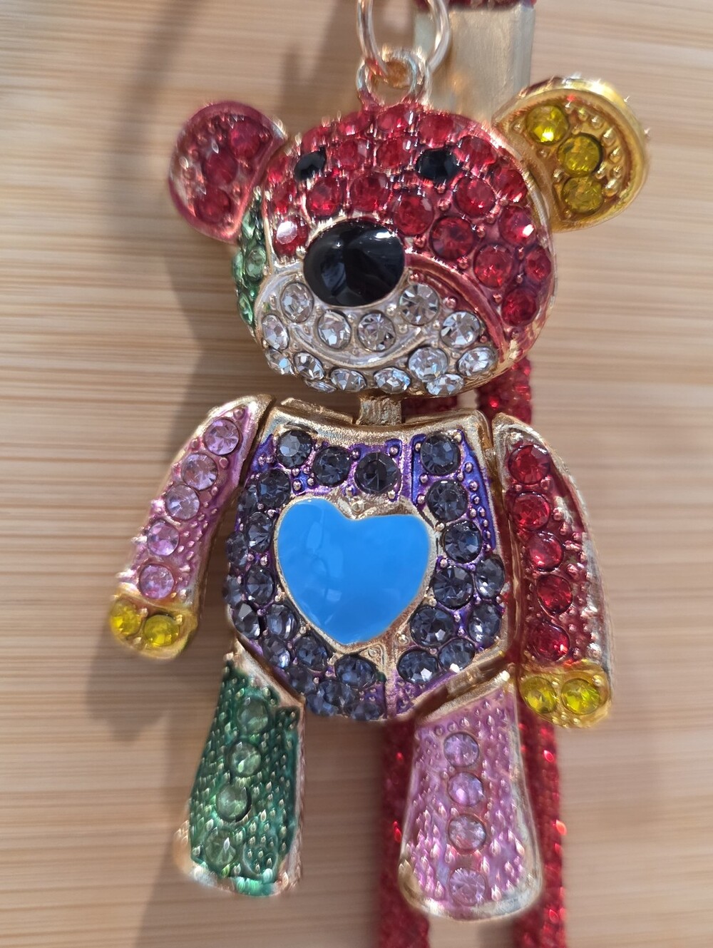 NEW Rainbow Rhinestone Teddy Bear Keychain Red Crystal Wristlet Purse Bag Charm